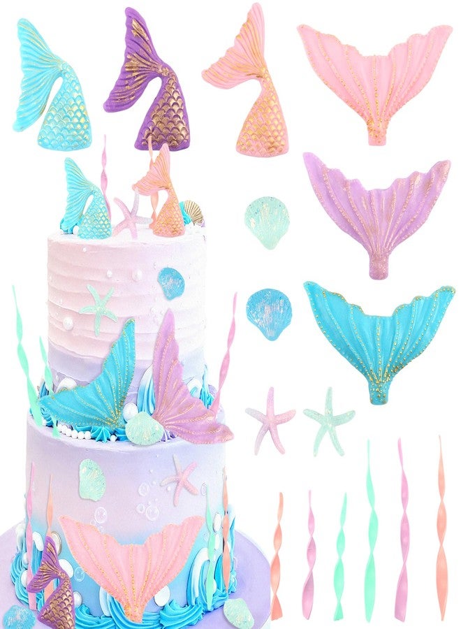 Wootkey 16Pcs Mermaid Cake Topper Mermaid Tail Cake Decorations with Seaweed Shells for Sea Ocean Theme Wedding Birthday Party Supplies - Image 1